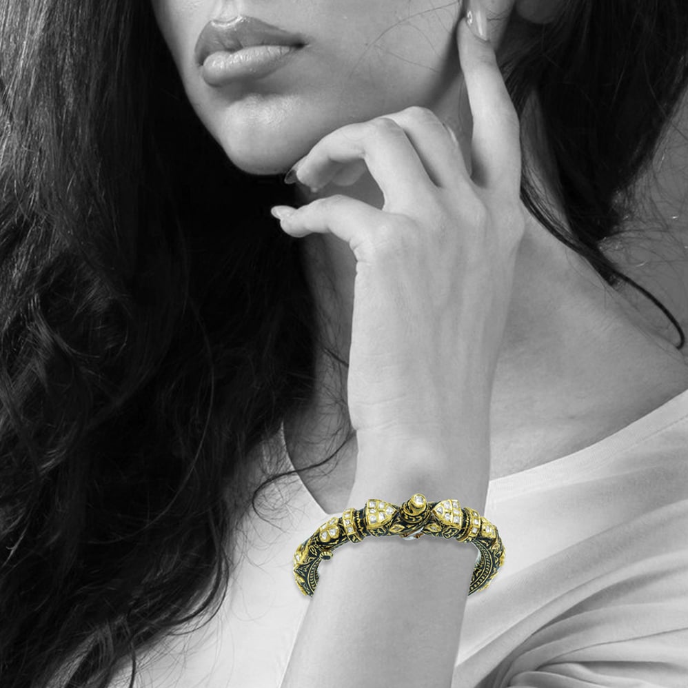 Polki Bangle with Black Enamel and Floral Patterns